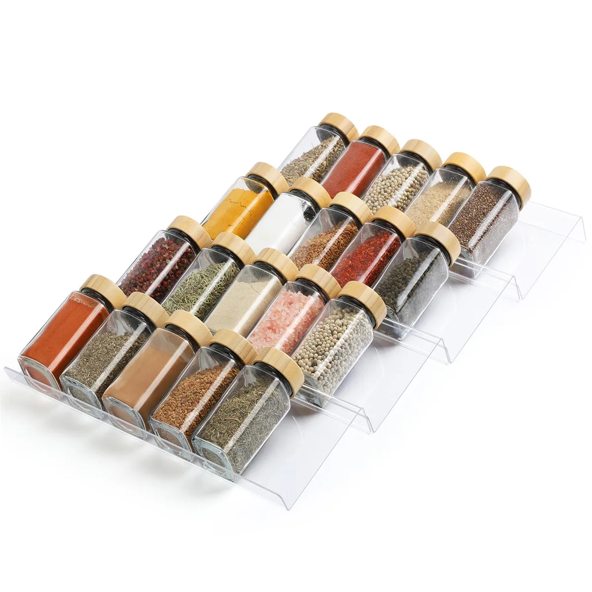 Four red acrylic spice trays, expandable, 34 inch total length