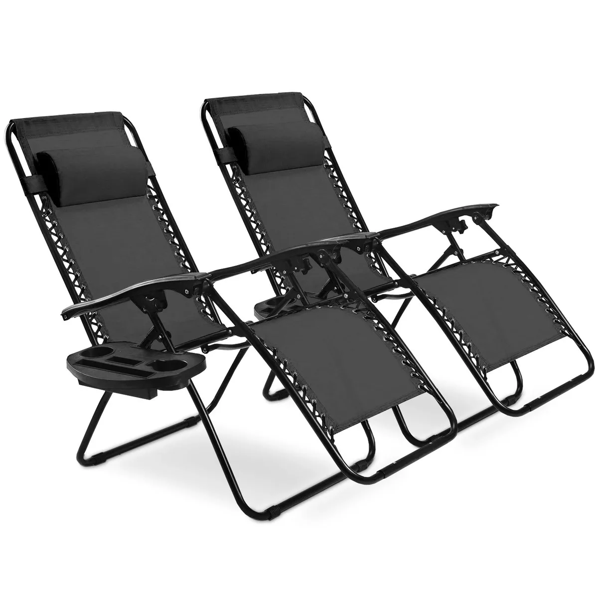 Two black folding zero gravity lounge chairs with removable trays and adjustable headrests