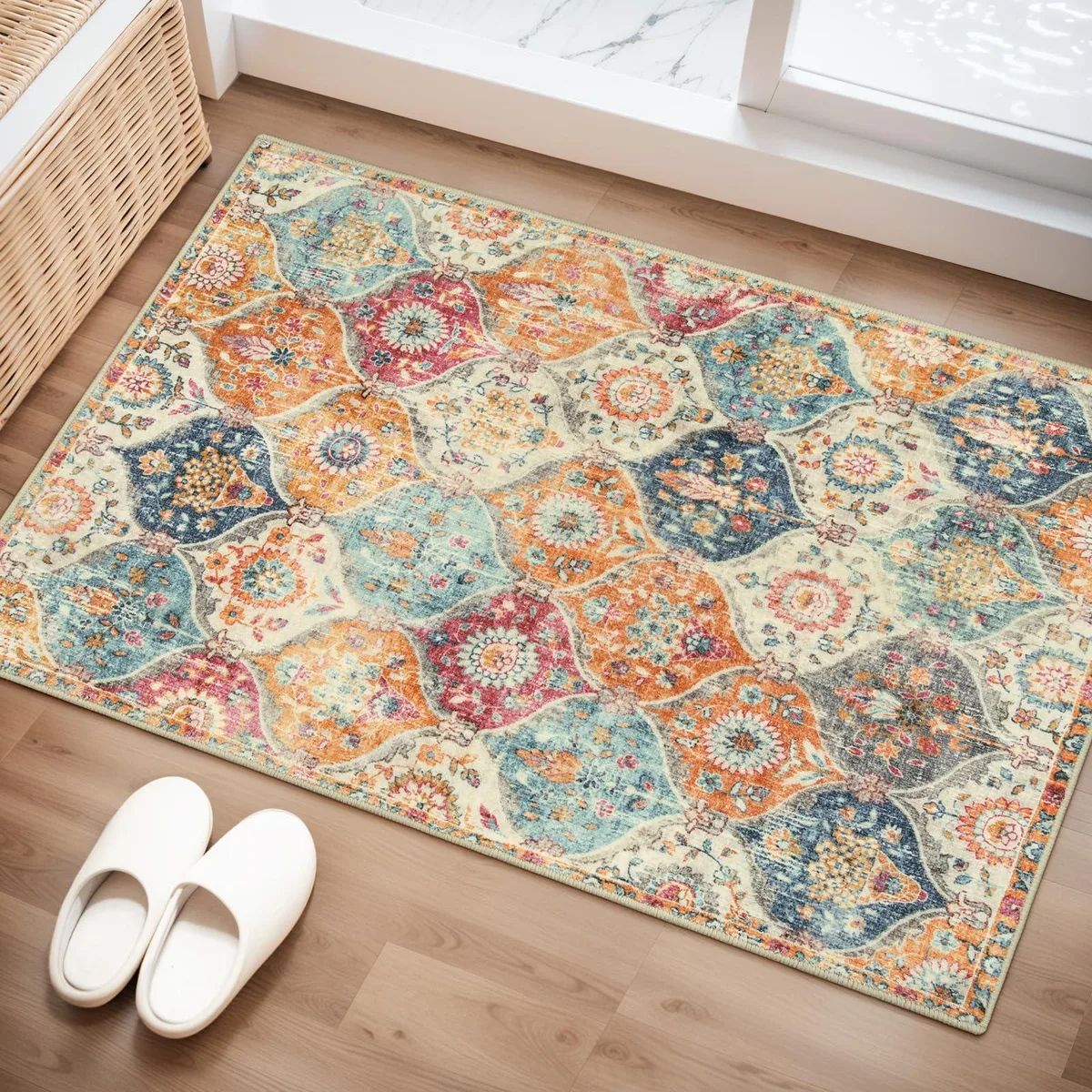 Rectangular cream rug with faded floral pattern, ultra-thin low pile, non-slip backing