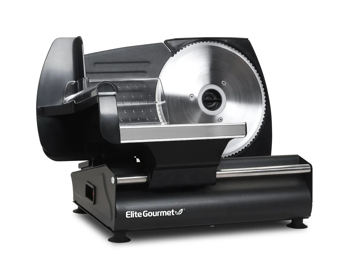 Black and stainless steel electric meat slicer with 7.5 inch round blade, compact countertop design