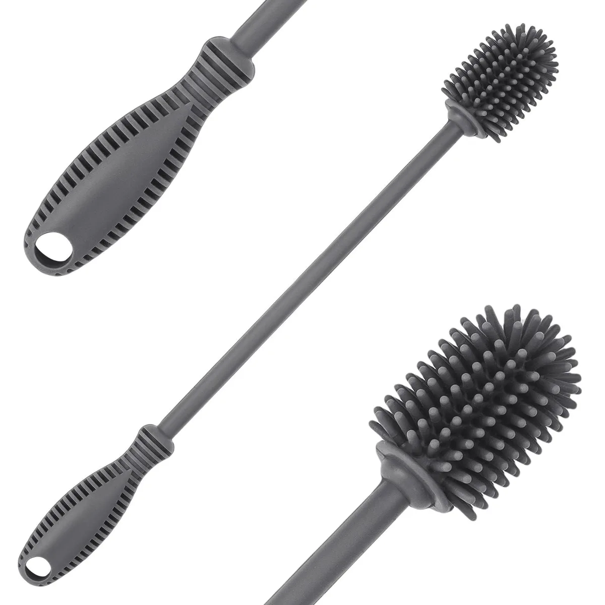 Gray silicone bottle brush, 12.5 inches long, soft flexible bristles, non-slip handle