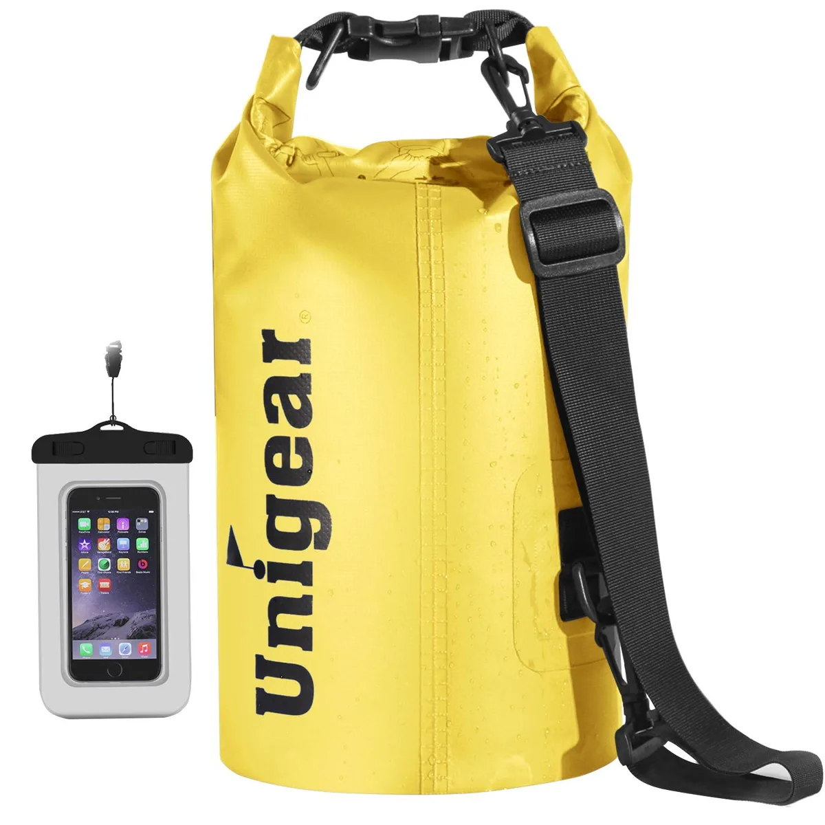 Black 2L cylindrical dry bag with roll-top closure and adjustable shoulder strap