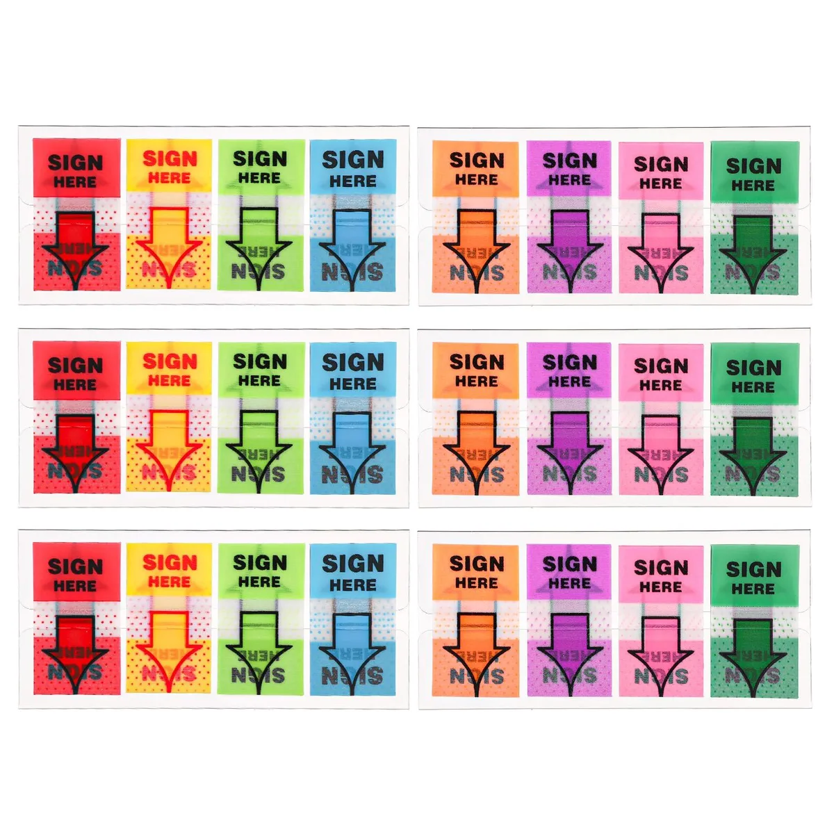 Six packs of red and orange arrow flags printed Sign Here, 600 pieces total