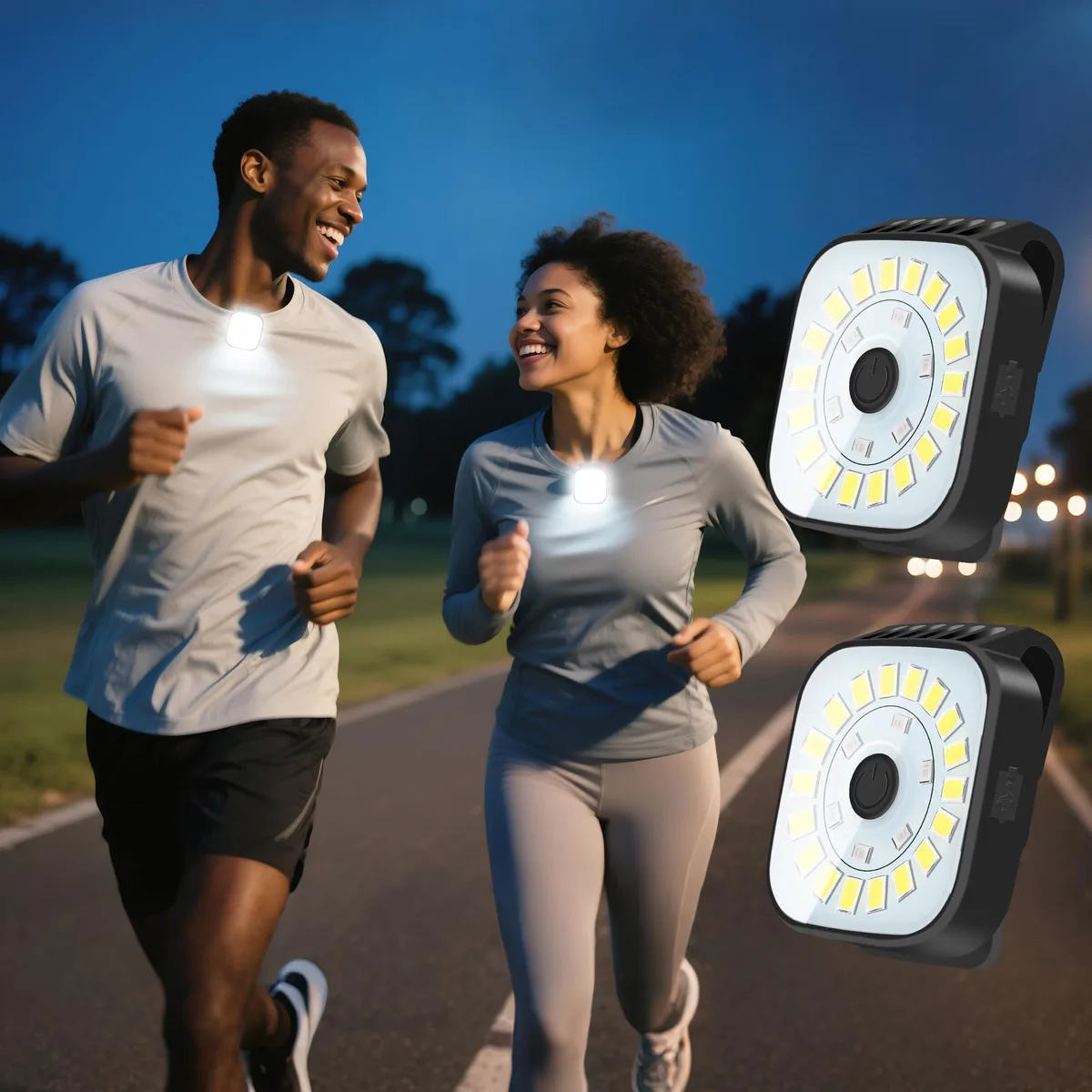 Two small rectangular clip-on lights with matte plastic finish