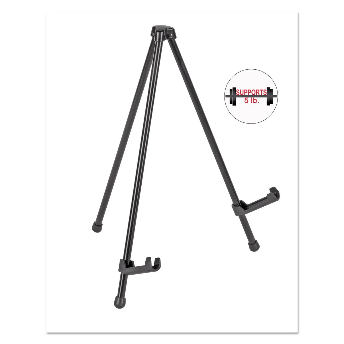 Black metal table-top easel with plastic and rubber parts, 14 inches high