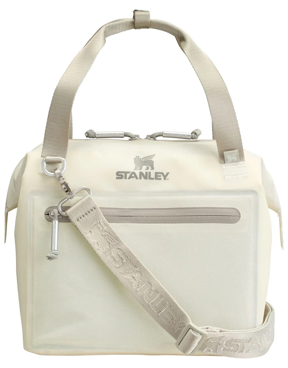 Rectangular cream soft cooler bag with zipper, hinged top, handles and detachable strap