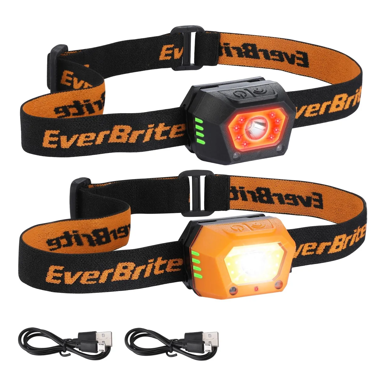 Two compact white headlamps with adjustable straps and micro USB ports