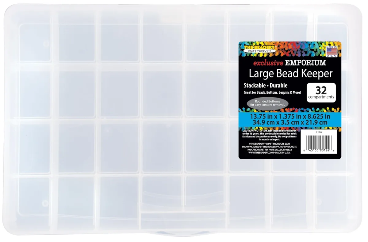 Clear plastic storage box with 32 fixed compartments and hinged latched lid