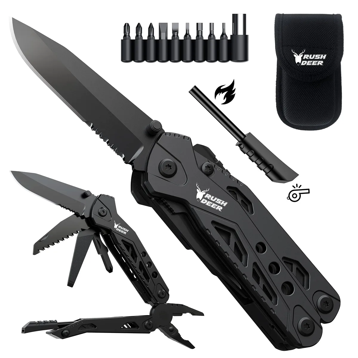 Black folding multitool with pliers, knife blade and bit set in closed position