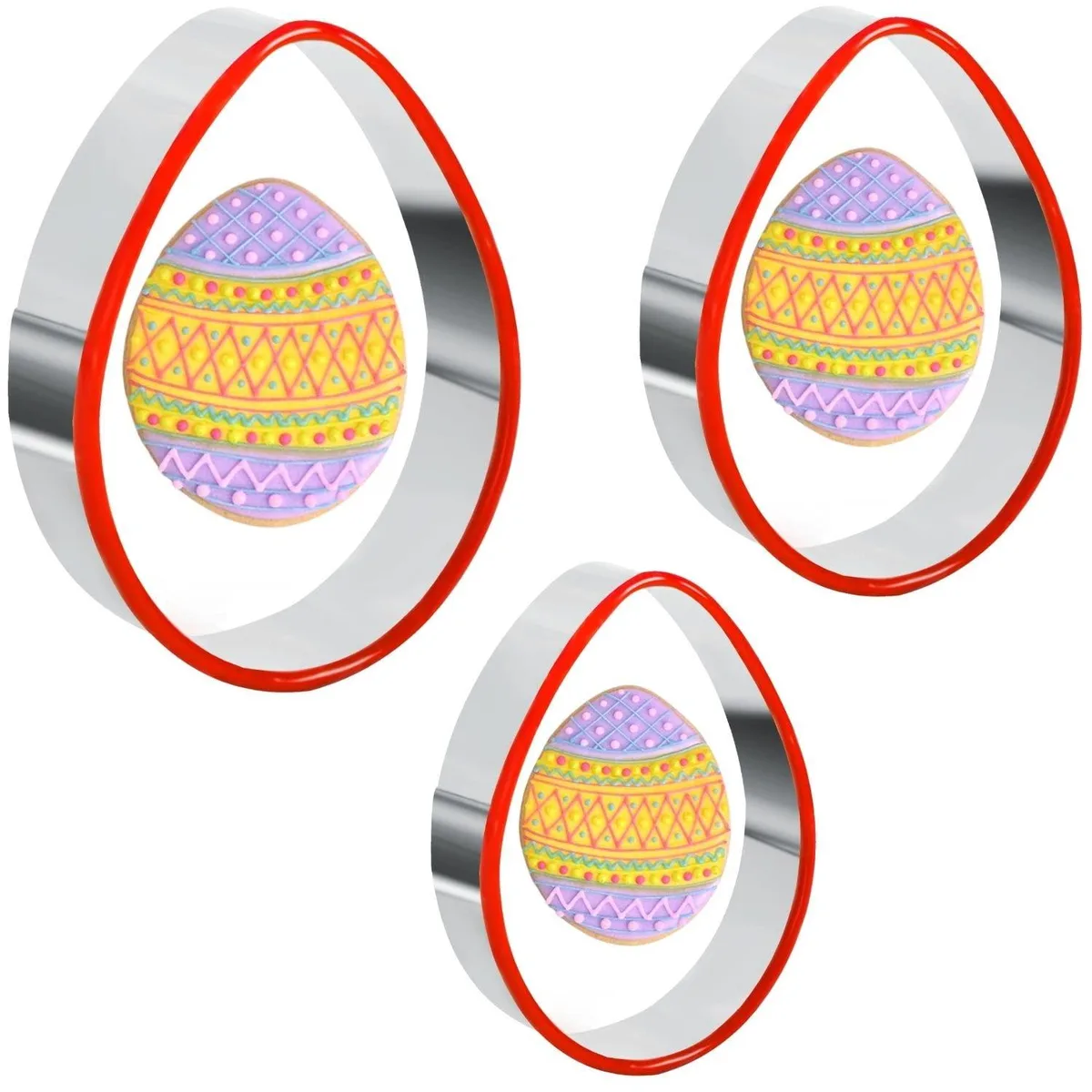 Three stainless steel egg-shaped cookie cutters in graduated sizes with soft PVC top edges