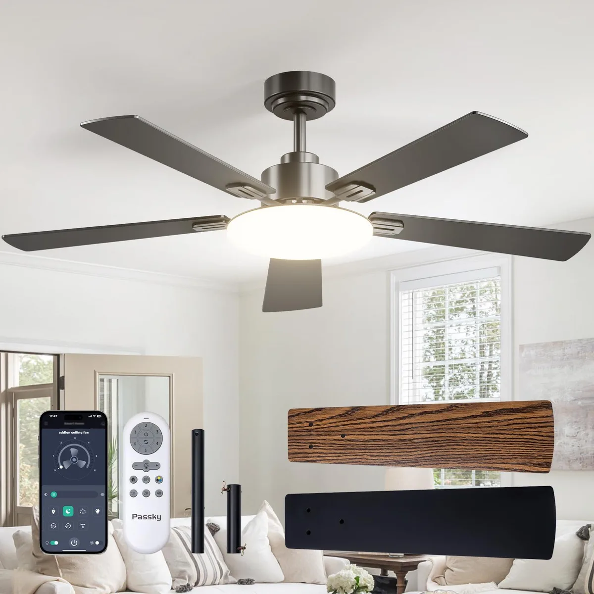 52 inch black ceiling fan with single blade and LED light kit
