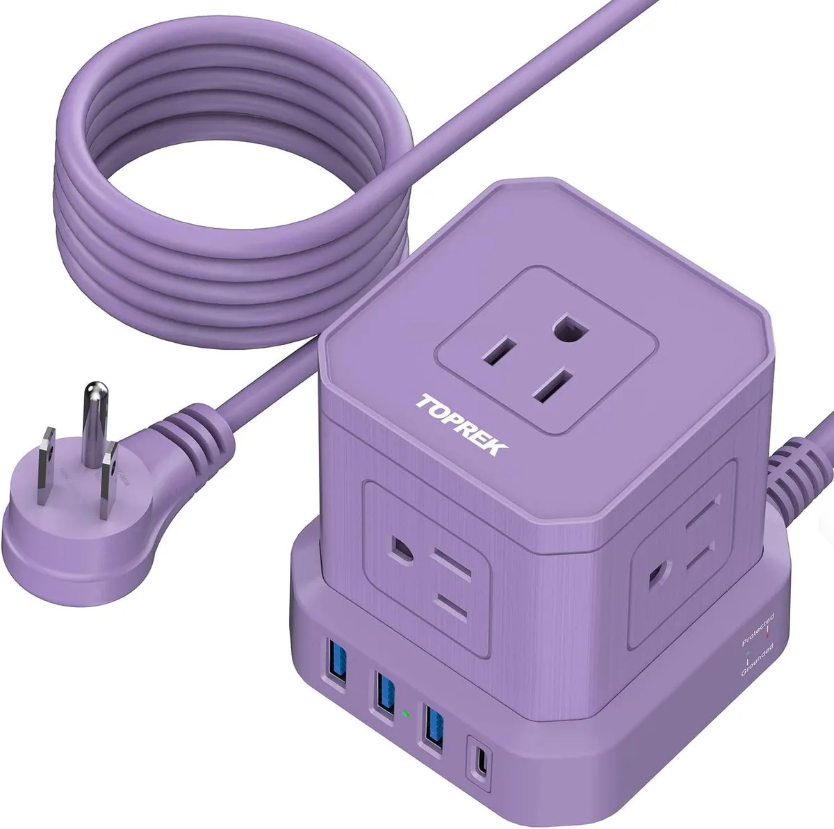 BFKK BFKK Power Adapter 10 ft 5 AC 1 USB-C 3.0A 3 USB-A 2.4A 700J 45° Flat Plug — product photo