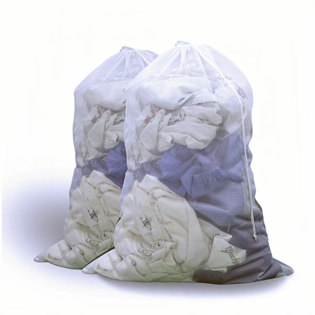 Two white rectangular mesh laundry bags with drawstring closures