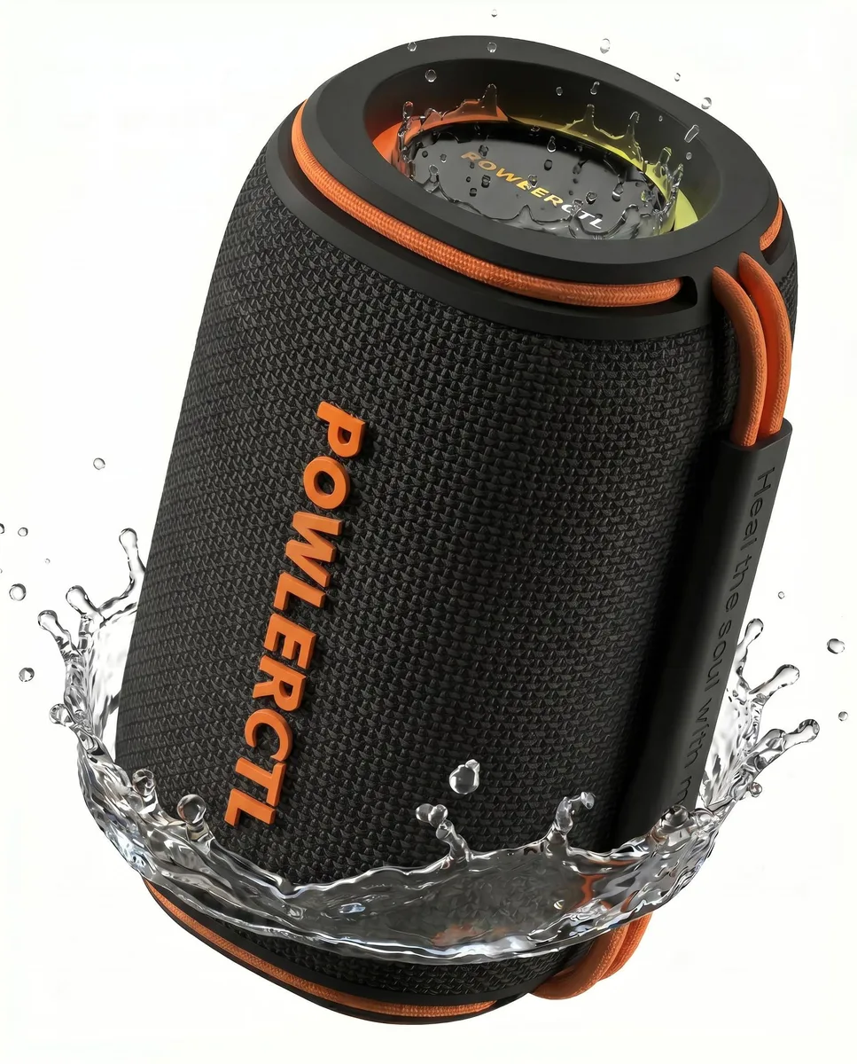 Black cylindrical Bluetooth speaker with woven fabric wrap and carrying strap