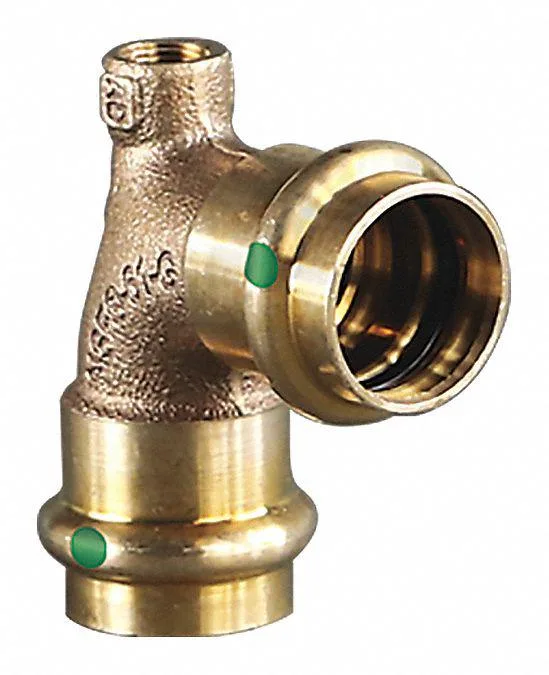 Bronze press-fit vent elbow with FNPT branch, 90-degree shape, EPDM O-ring