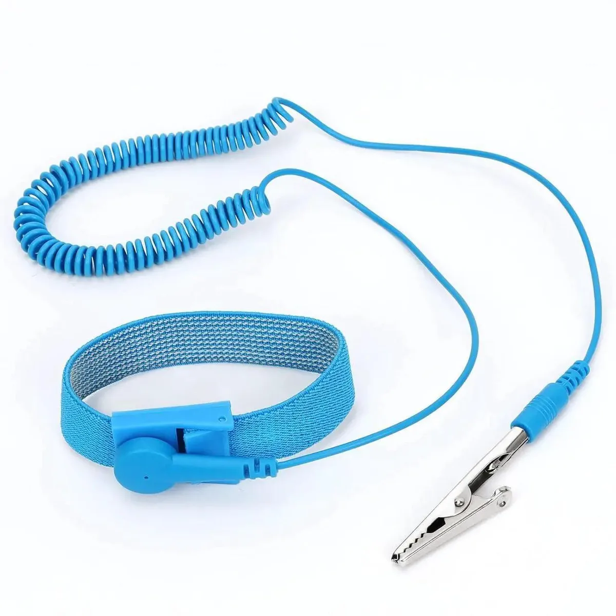 Blue elastic wrist strap with metal buckle, coiled cord and silver alligator clip