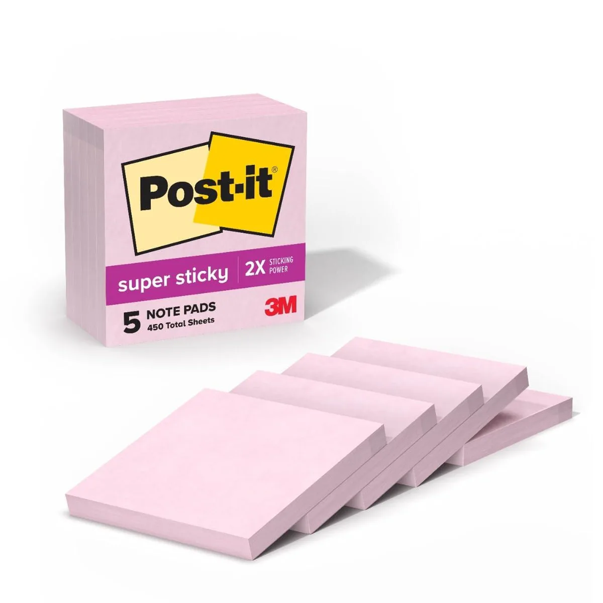 Five square pink sticky-note pads in a paperboard carton