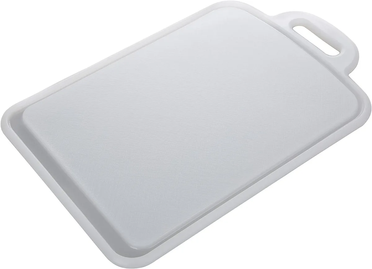 White rectangular flexible cutting mat with deep juice grooves, 11.5 by 15 inches