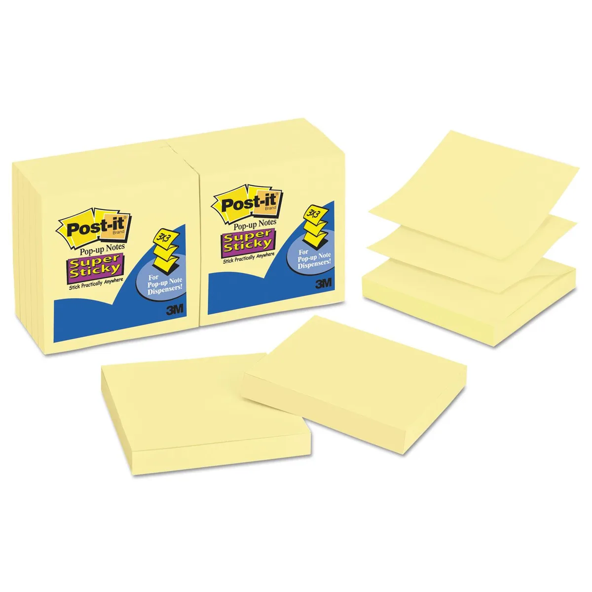 Twelve canary-yellow square sticky-note pads in an accordion-style refill pack