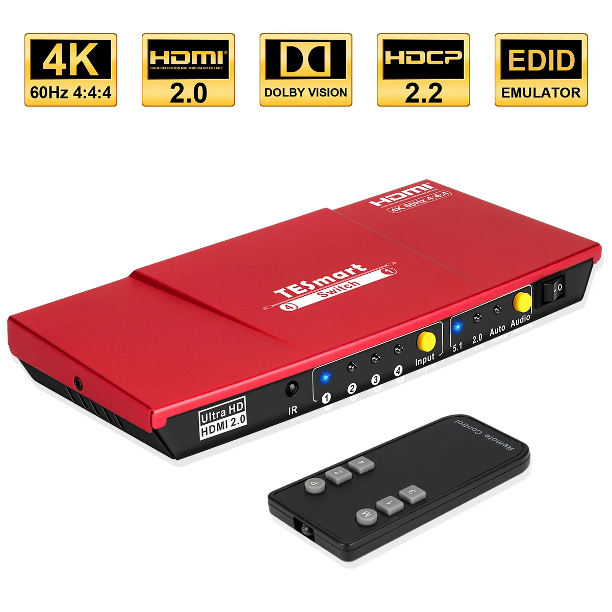 TESmart TESmart 4x1 HDMI Switch 4K 60Hz Red with Audio — product photo