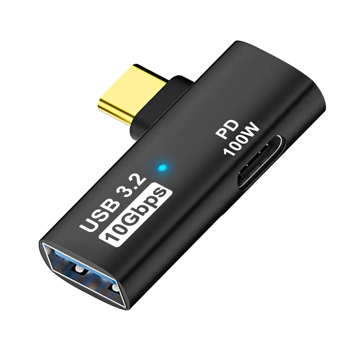 Compact black USB-C adapter with USB-A port and power delivery connector