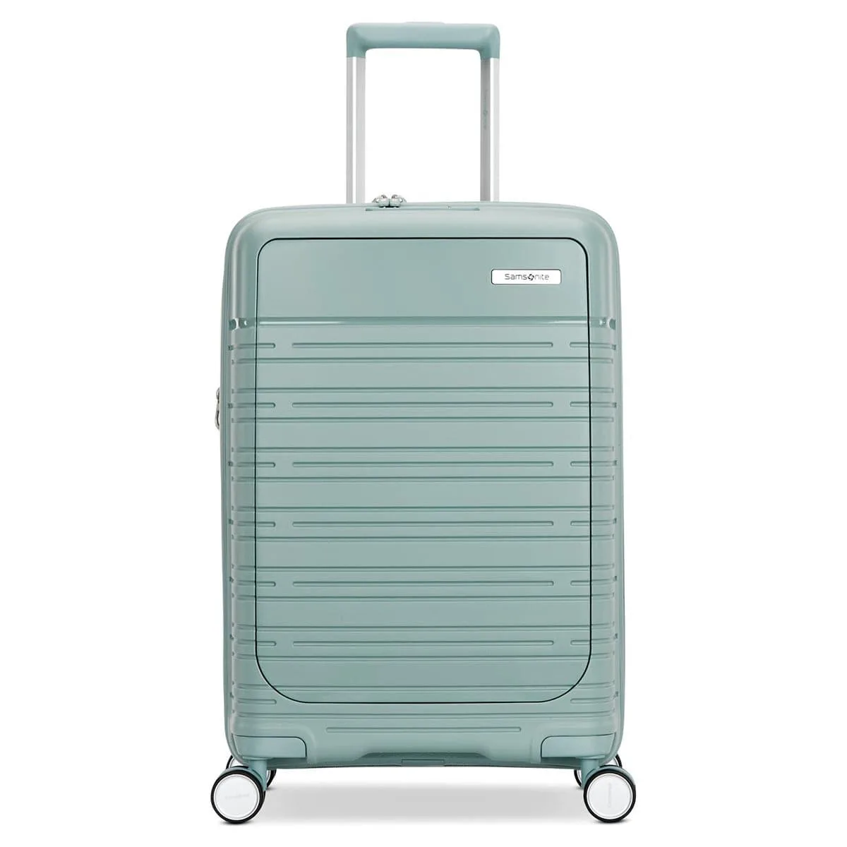 Medium carry-on spinner in cypress green polypropylene with four wheels and telescopic handle