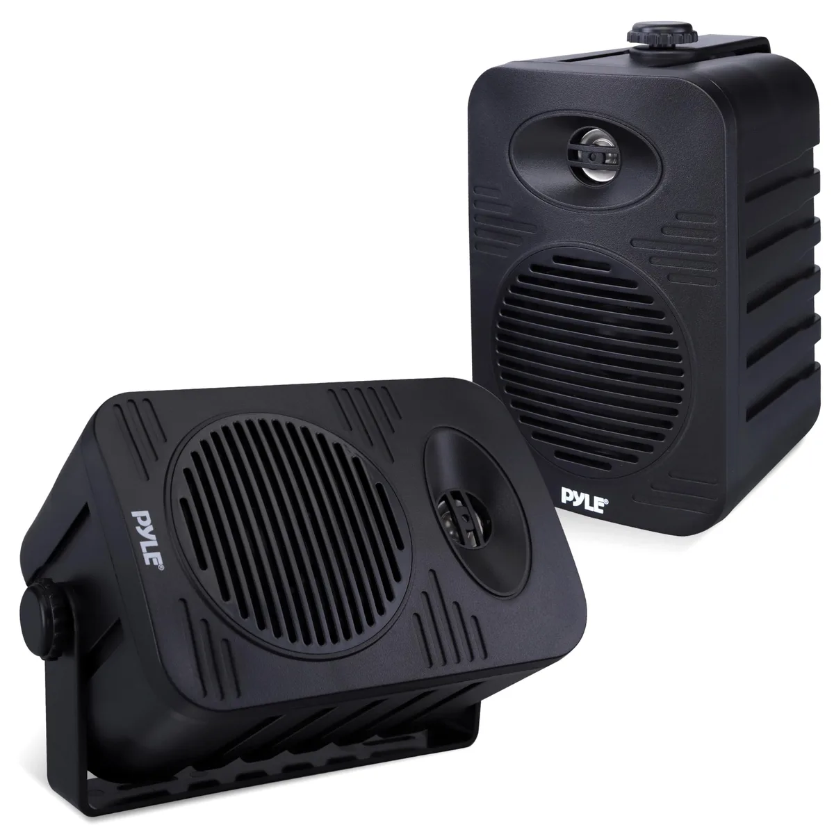 Pair of black 6.5-inch outdoor speakers, rectangular cabinets with mounting brackets