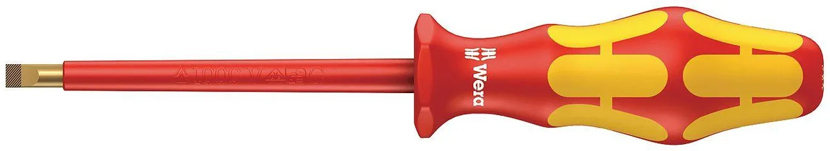 Insulated slotted screwdriver with red and yellow ergonomic handle and round alloy steel shank