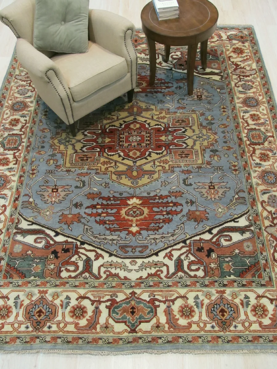 Hand-knotted wool rug, deep blue geometric Serapi pattern, rectangular, low-shedding pile