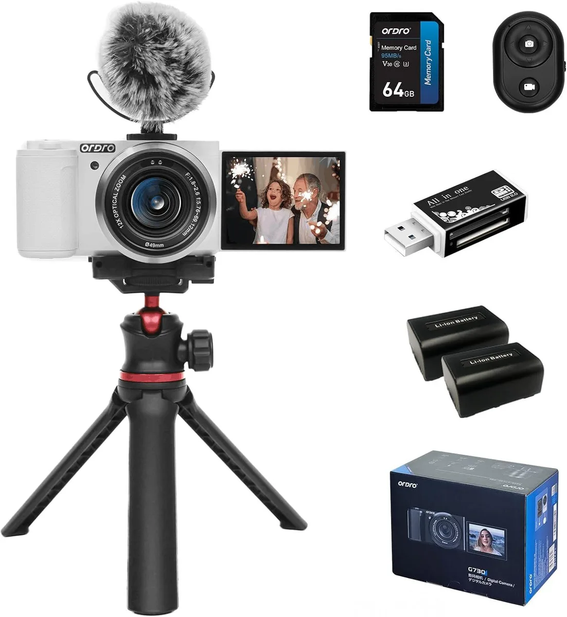 ORDRO ORDRO G730 5K 12X Optical Zoom Shoot Camera Kit 64GB Card Mic Tripod — product photo