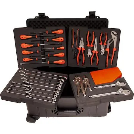 Black crushproof case open showing foam-organised wrenches pliers screwdrivers hex keys