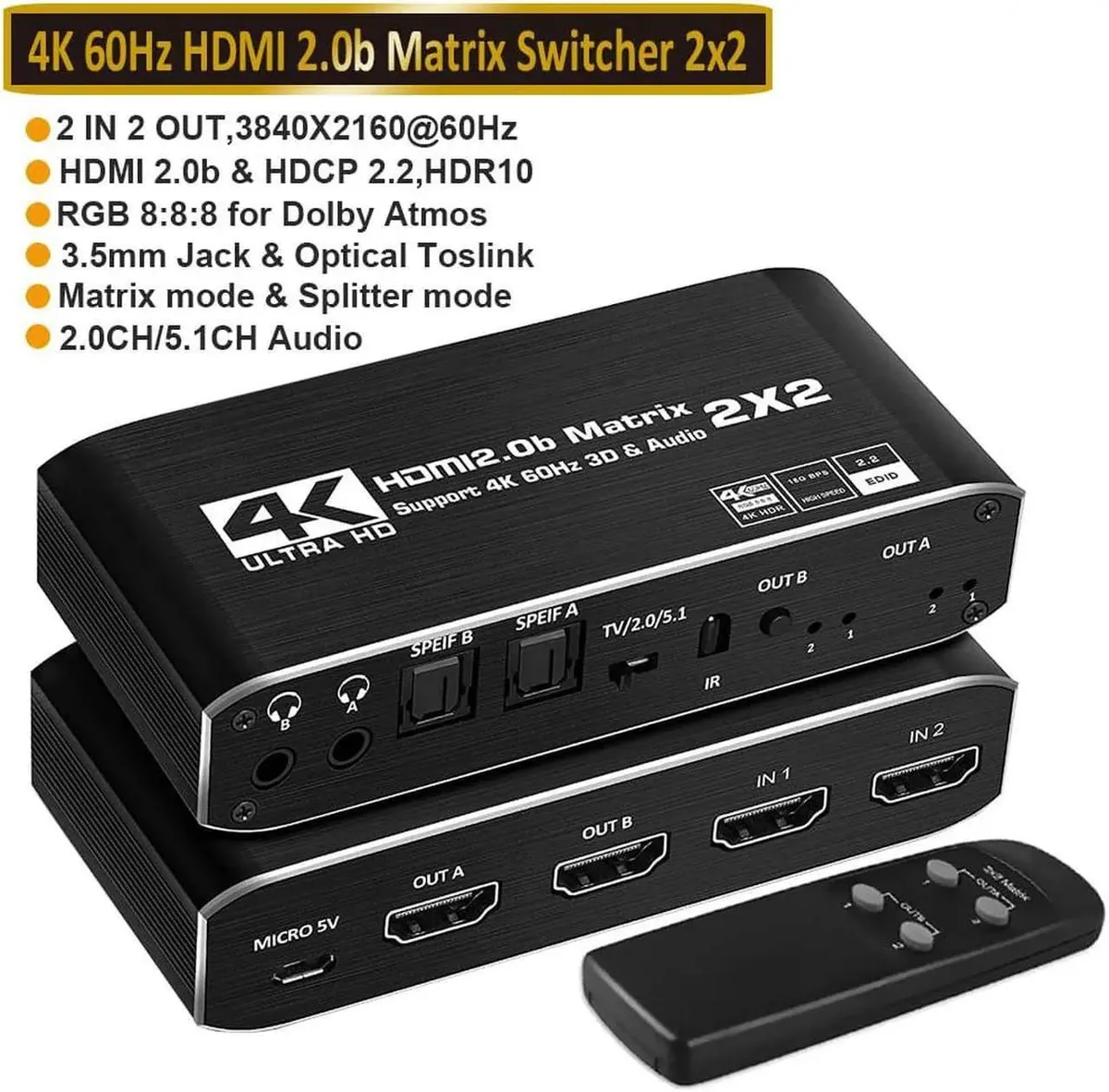Vszerda Vszerda 4K@60Hz HDMI Matrix 2x2 HDR10 2xSPDIF 2x3.5mm Downscaler 4K to 1080P RGB 4:4:4/8:8:8 Dolby ATMOS — product photo