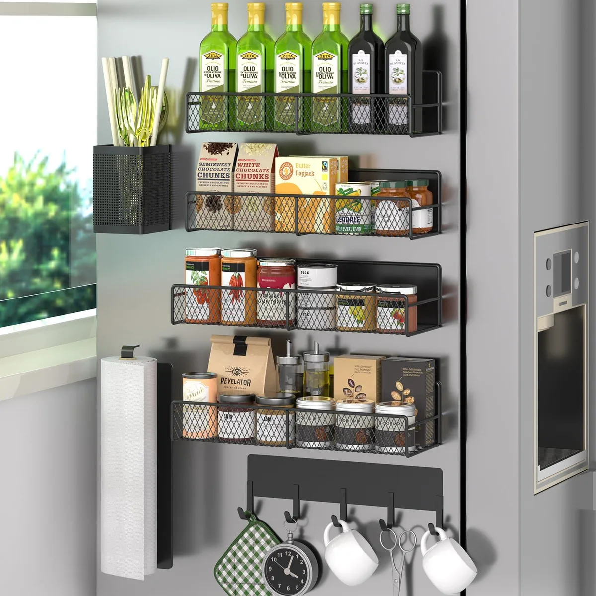 Seven red magnetic kitchen organisers on a fridge