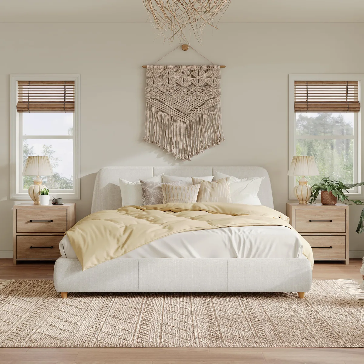 White queen upholstered bed frame with linen fabric and solid wood legs