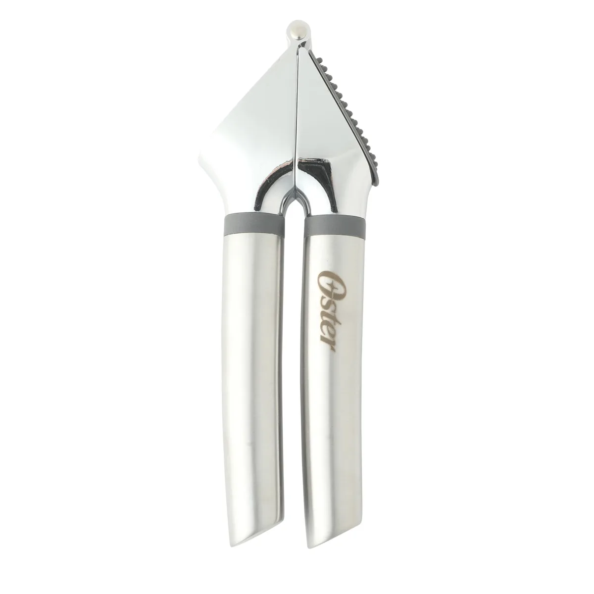Stainless steel garlic press with swing-out chamber and cylindrical handles