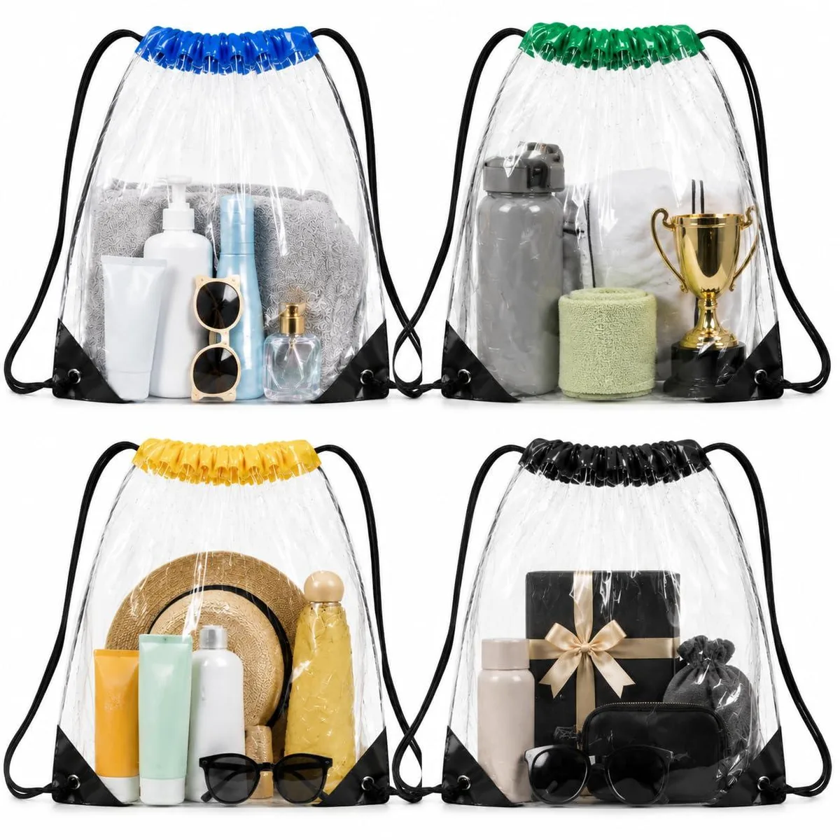 Four clear plastic drawstring bags, 13.4 by 16.5 inches, solid colours