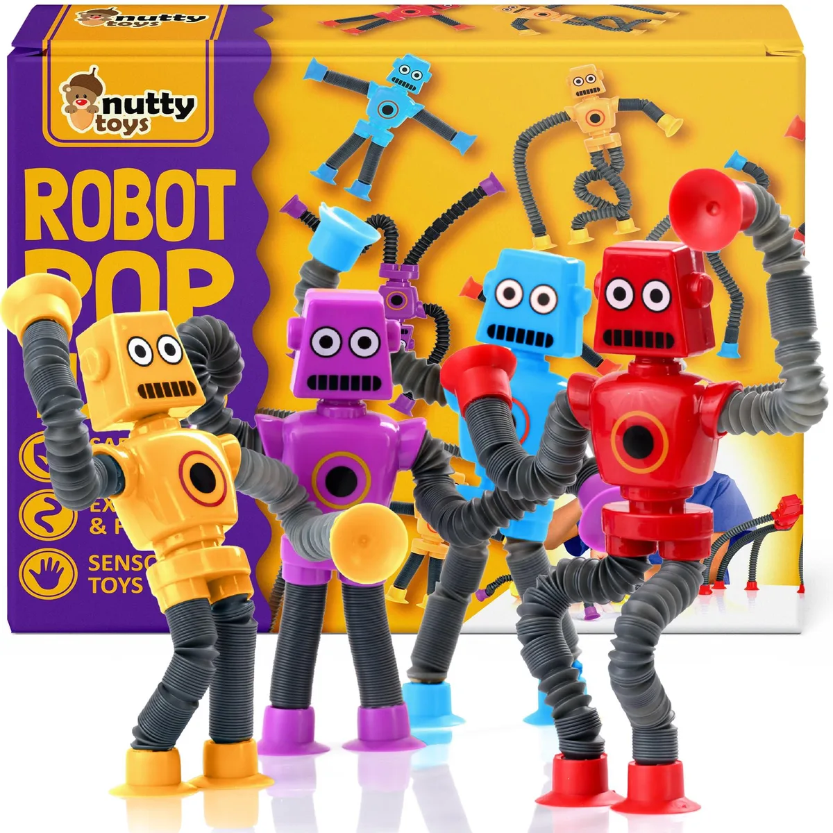 Four small plastic robot toys with pop-tube limbs and suction cups