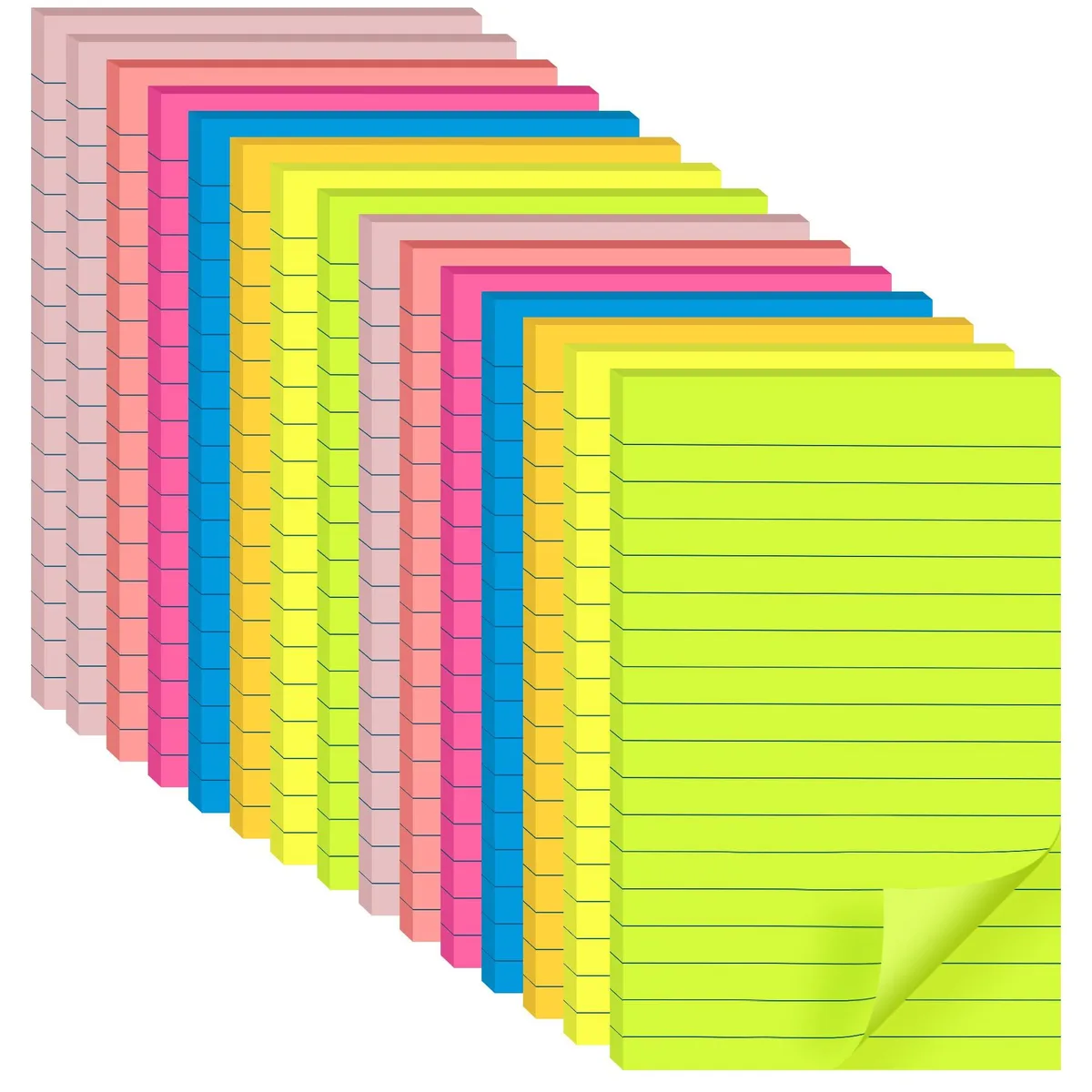 Fifteen rectangular sticky-note pads in seven bright colours, each pad lined and 4 by 6 inches