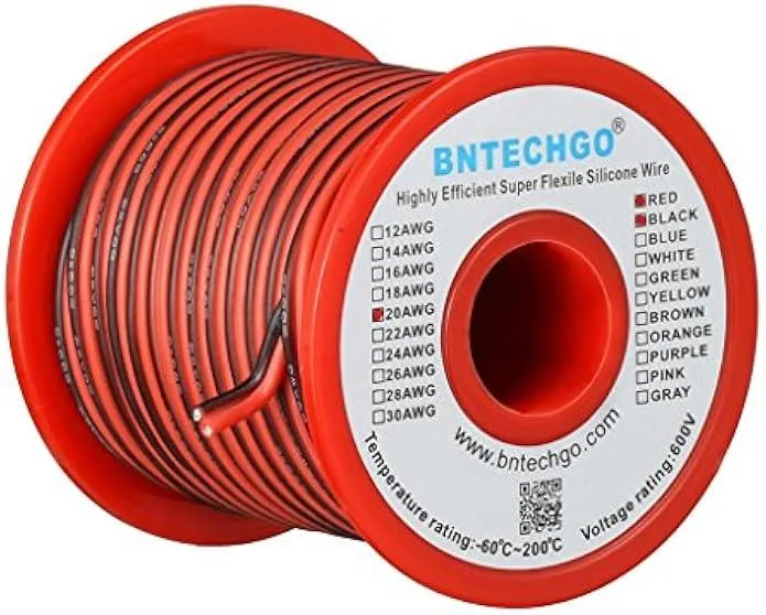 Flat red and black parallel silicone wire spool, 50 feet, 20 AWG stranded tinned copper conductors