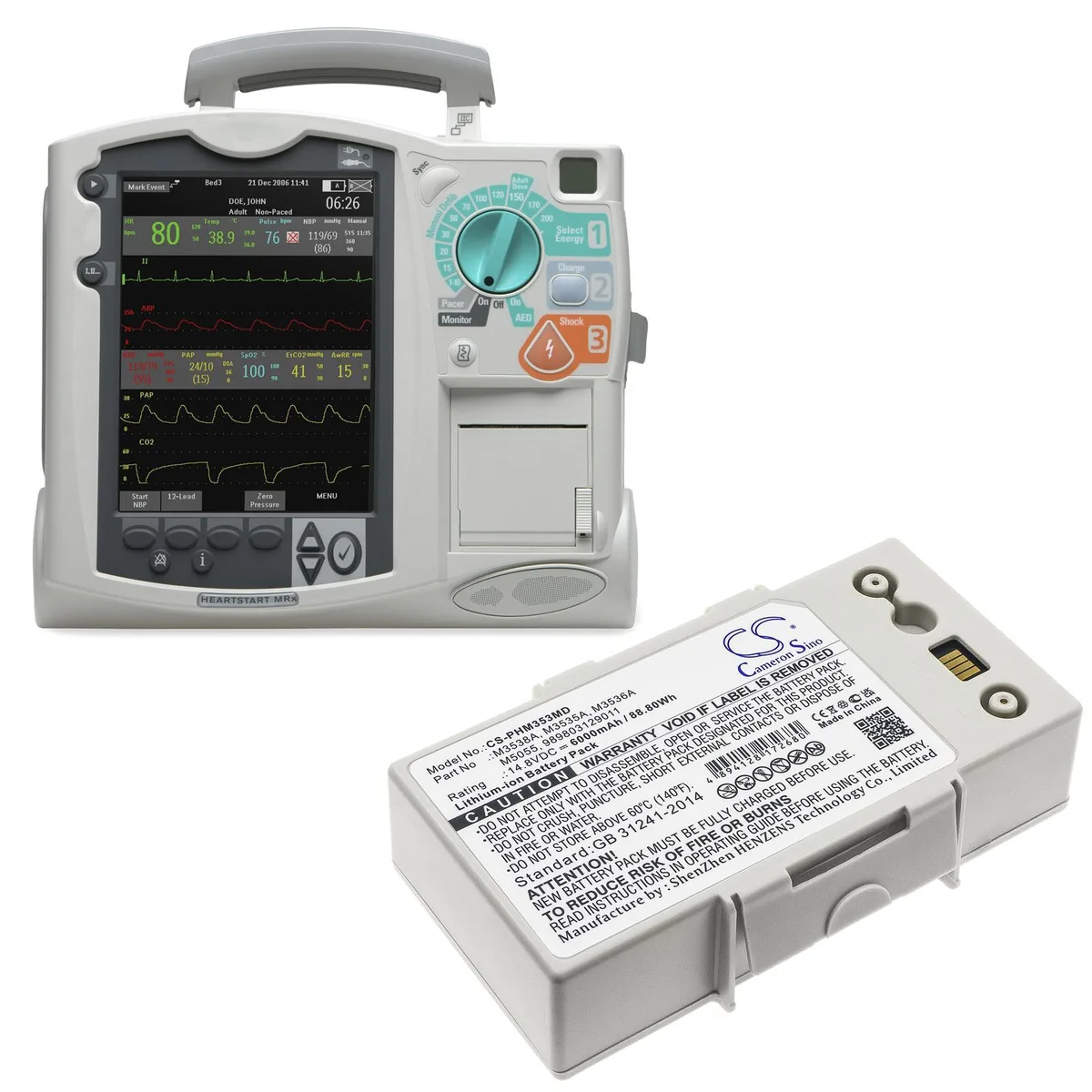 Rectangular medical battery pack with labelled plastic casing and connector terminals