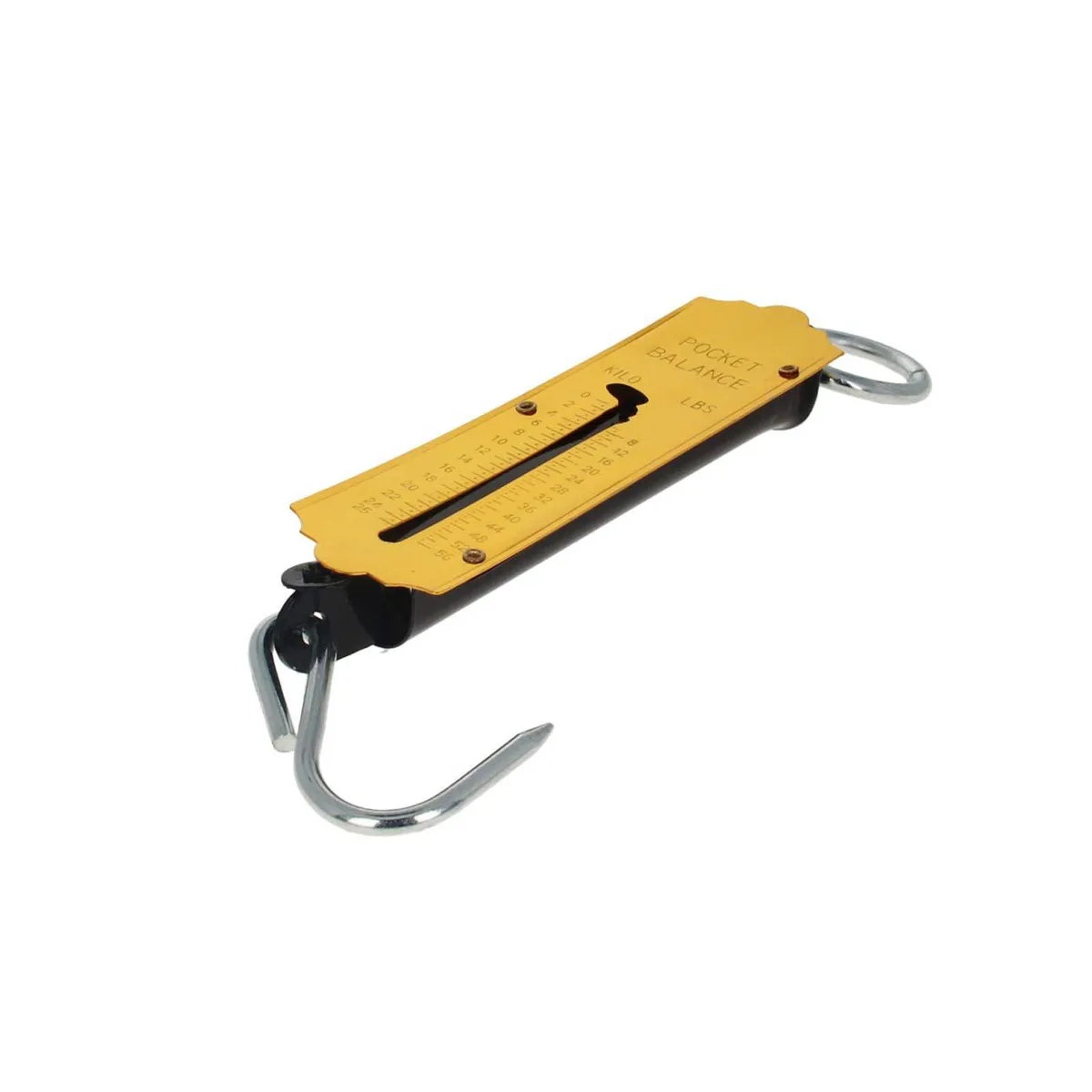 Silver metal handheld spring scale with dual kg and lb dial and top hook