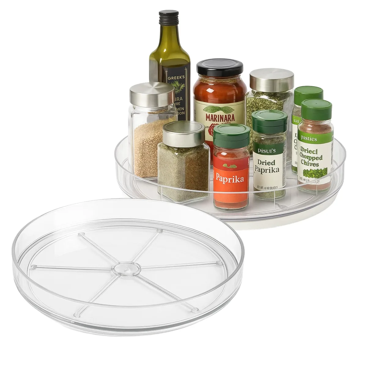 Two clear round rotating trays, 9 and 10 inch, smooth 360 spin