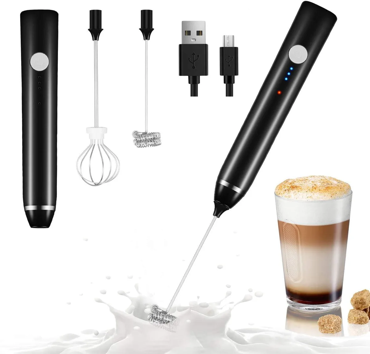  Dallfoll Milk Frother Handheld USB Rechargeable 3 Speeds 2 Whisks Black 1200mAh 57415 — product photo