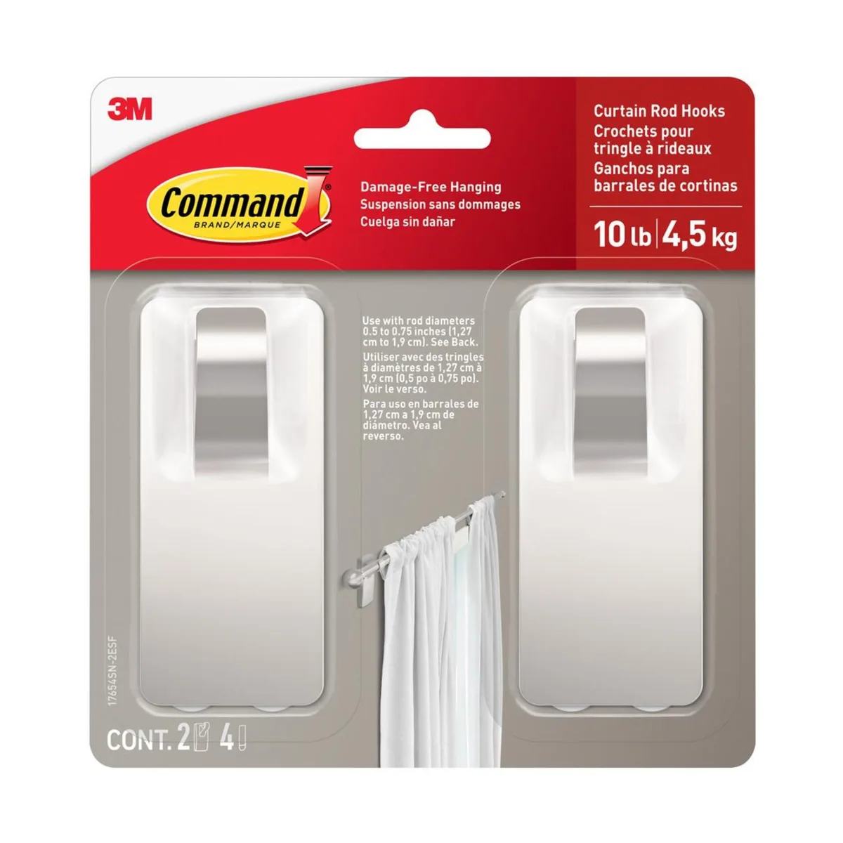 Two satin nickel curtain rod hooks with adhesive strips