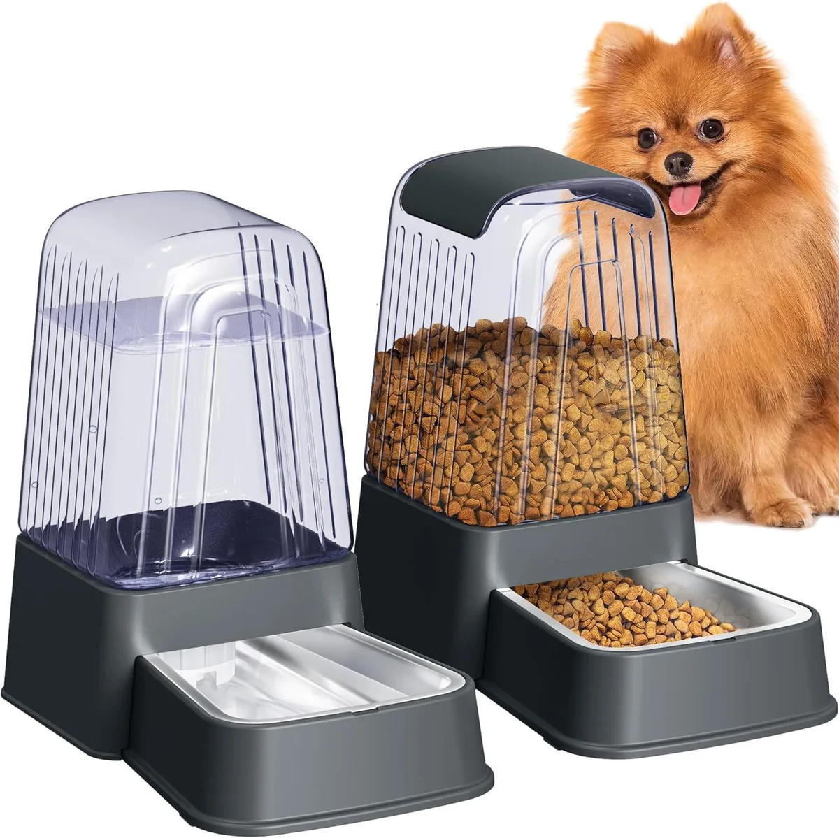 Dark gray gravity feeder and water dispenser set with stainless steel bowls