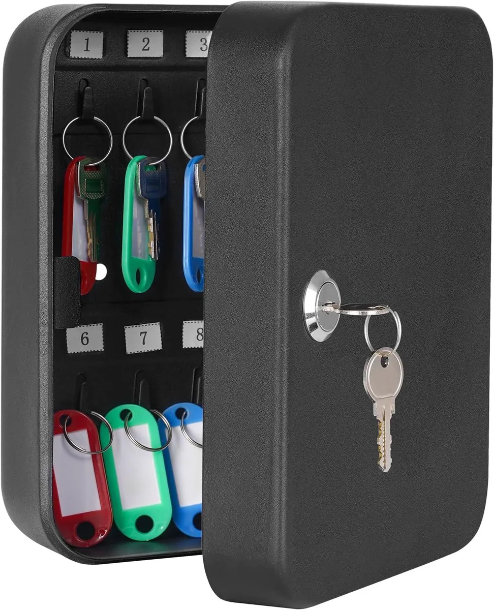Black wall-mounted key cabinet with 20 hooks and lock