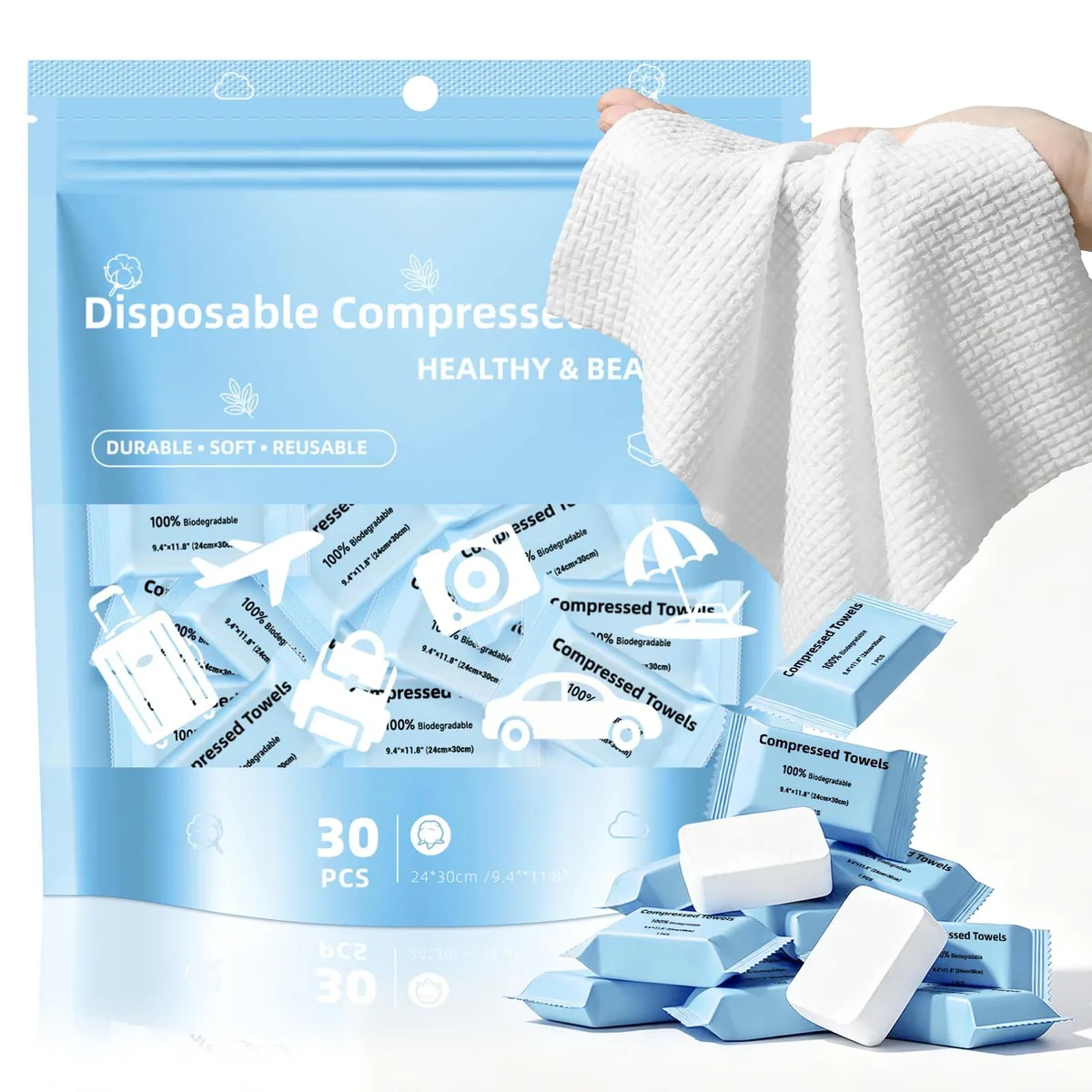 White cylindrical container holding 30 blue compressed towel tablets