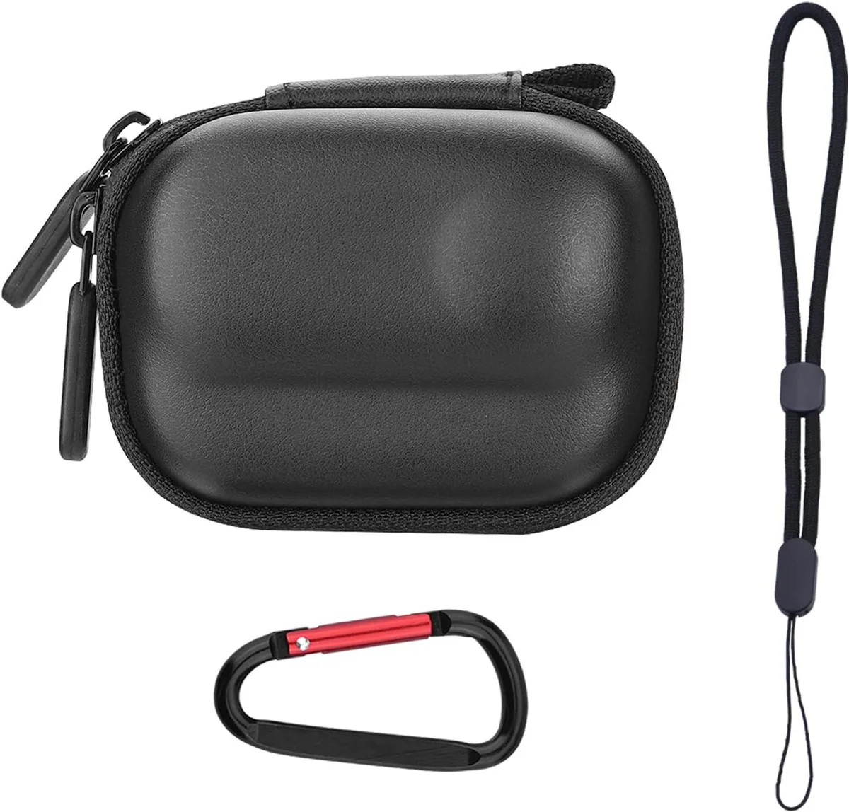 Black PU hard-shell case with dual zipper, carabiner and wrist strap for Insta360 GO 3/GO 3S