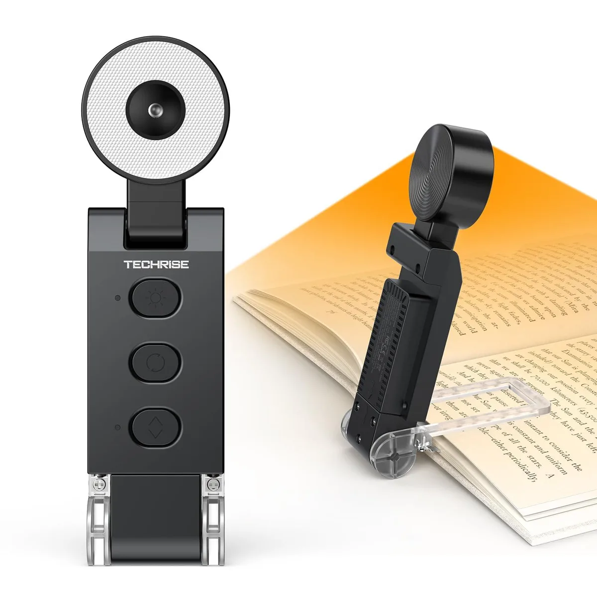 Circular clip-on book light with matte finish, USB-C port and control buttons