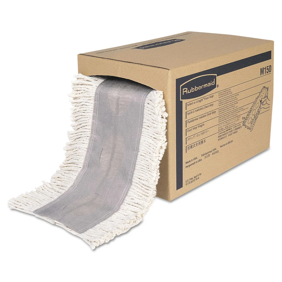 Coiled roll of white cotton dust-mop refill on cardboard core